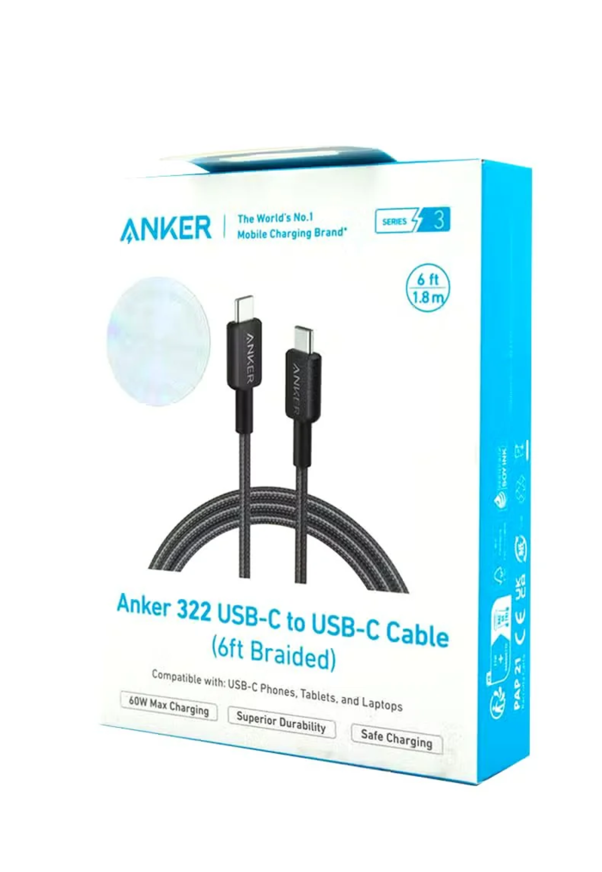 ANKER 322 USB-A TO USB-C CABLE (3FT BRAIDED) WHT AND BLACK