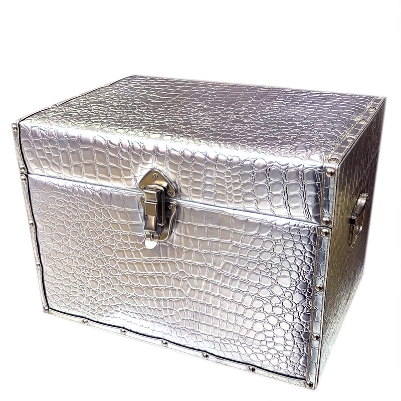 RECTANGLE WOODEN LEATHER GIFT BOX W/CROC BODY DESIGN SILVER-1SMALL