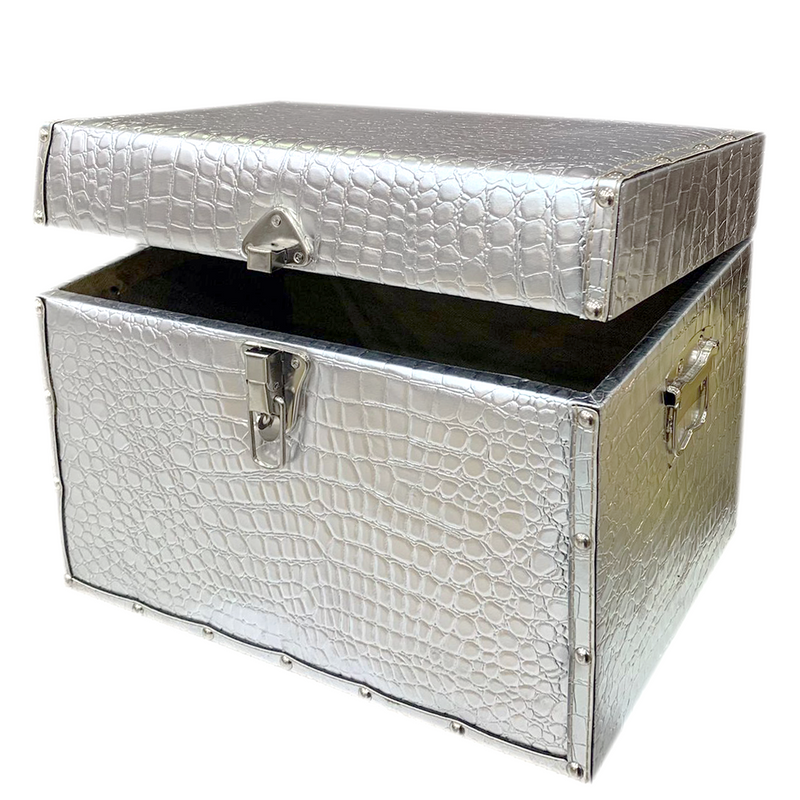 RECTANGLE WOODEN LEATHER GIFT BOX W/CROC BODY DESIGN SILVER-2