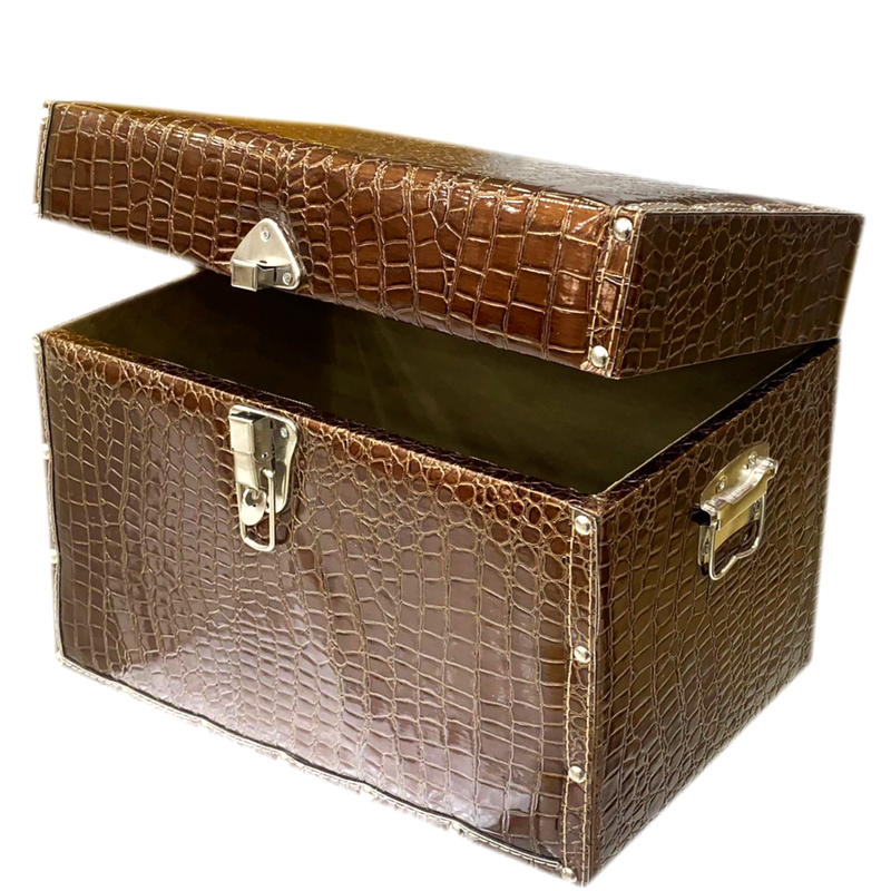 RECTANGLE WOODEN LEATHER GIFT BOX W/CROC BODY DESIGN BROWN-1SMALL