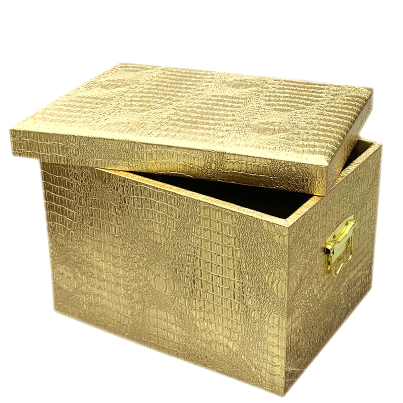 RECTANGLE WOODEN LEATHER GIFT BOX W/CROC BODY DESIGN GOLD FHA110-4