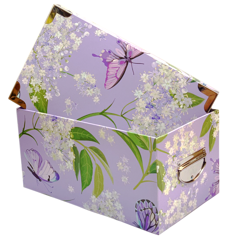 RECTANGLE PAPER GIFT BOX FLOWER DESIGN W/METAL CORNER&HANDLE ASSTD SY8-7