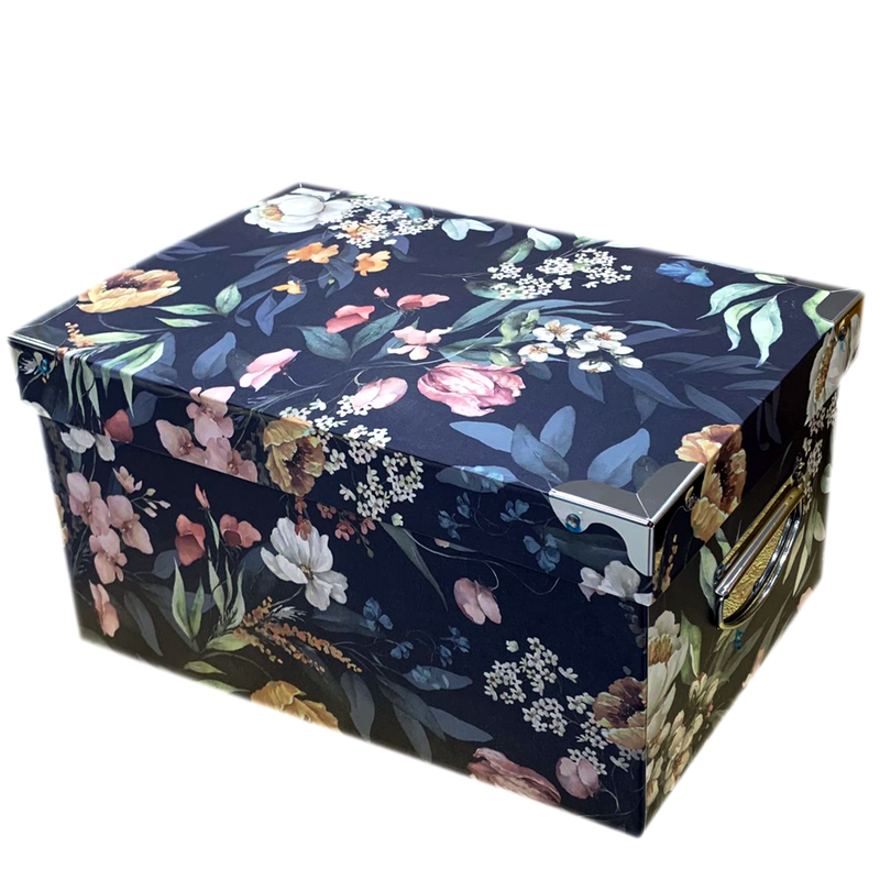 RECTANGLE PAPER GIFT BOX FLOWER DESIGN W/METAL CORNER&HANDLE ASSTD SY8-1SMALL