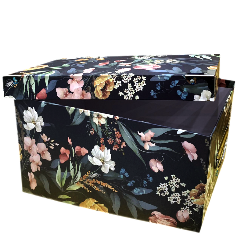 RECTANGLE PAPER GIFT BOX FLOWER DESIGN W/METAL CORNER&HANDLE ASSTD SY8-3