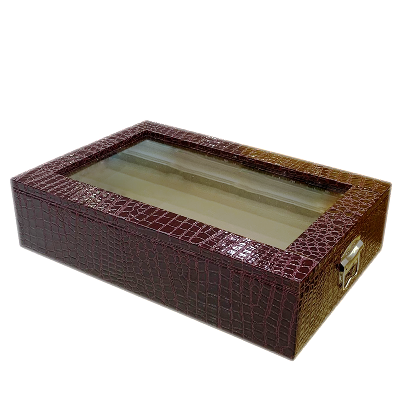 RECT WDN LEATHER GIFT BOX CROC BODY DESIGN W/GLASS LID MAROON FHA1406-2MEDIUM