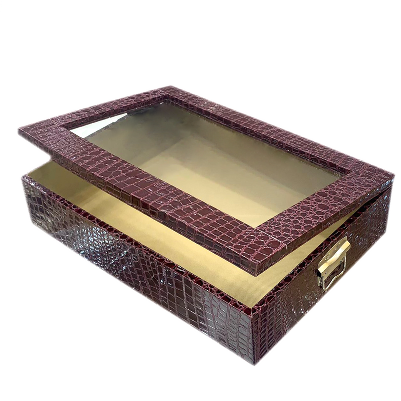 RECT WDN LEATHER GIFT BOX CROC BODY DESIGN W/GLASS LID MAROON FHA1406-2MEDIUM