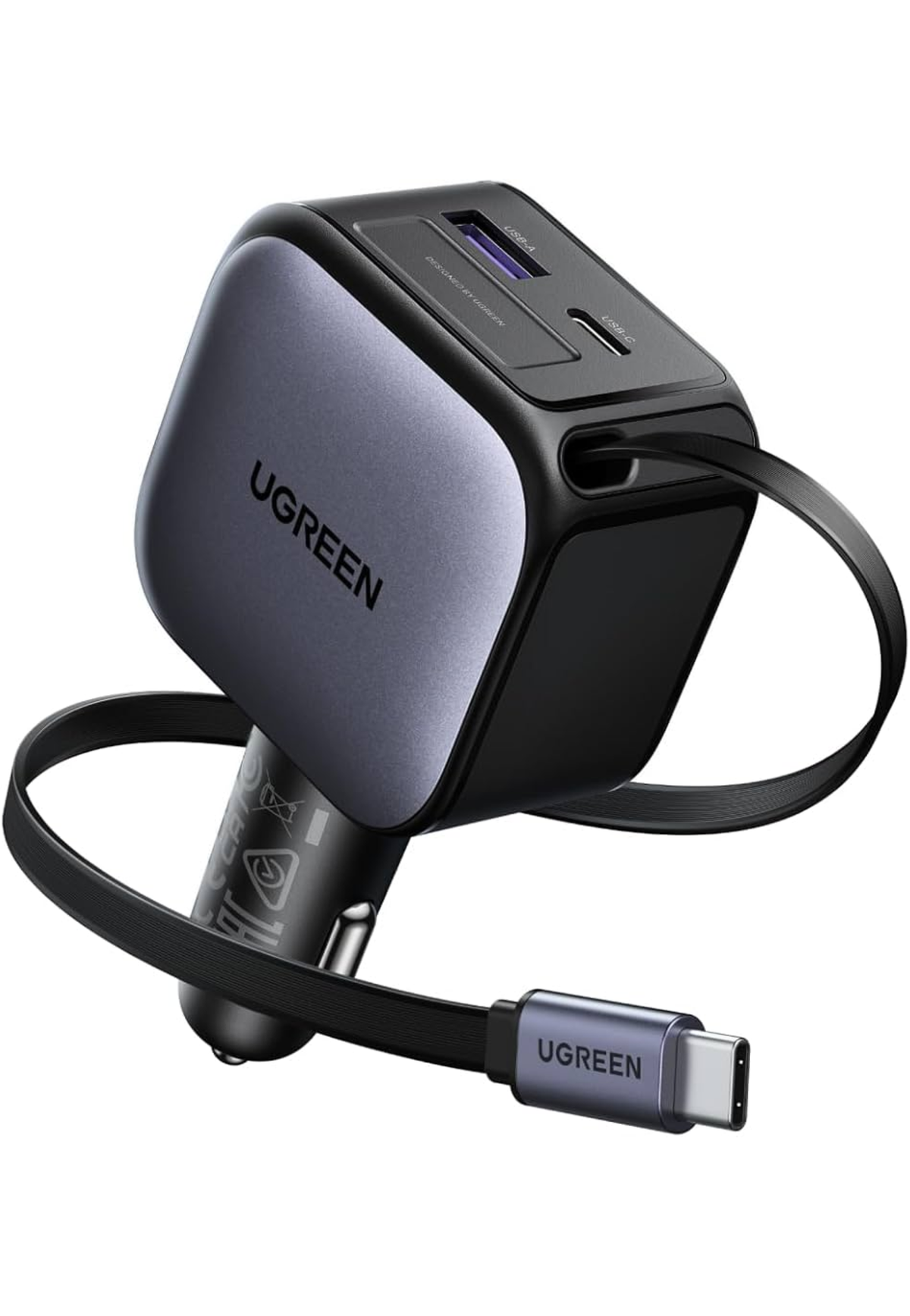 UGREEN 3PORT 1A 2C 60W PD FAST CHARGER W/ RETRACTABLE CABLE GRAY