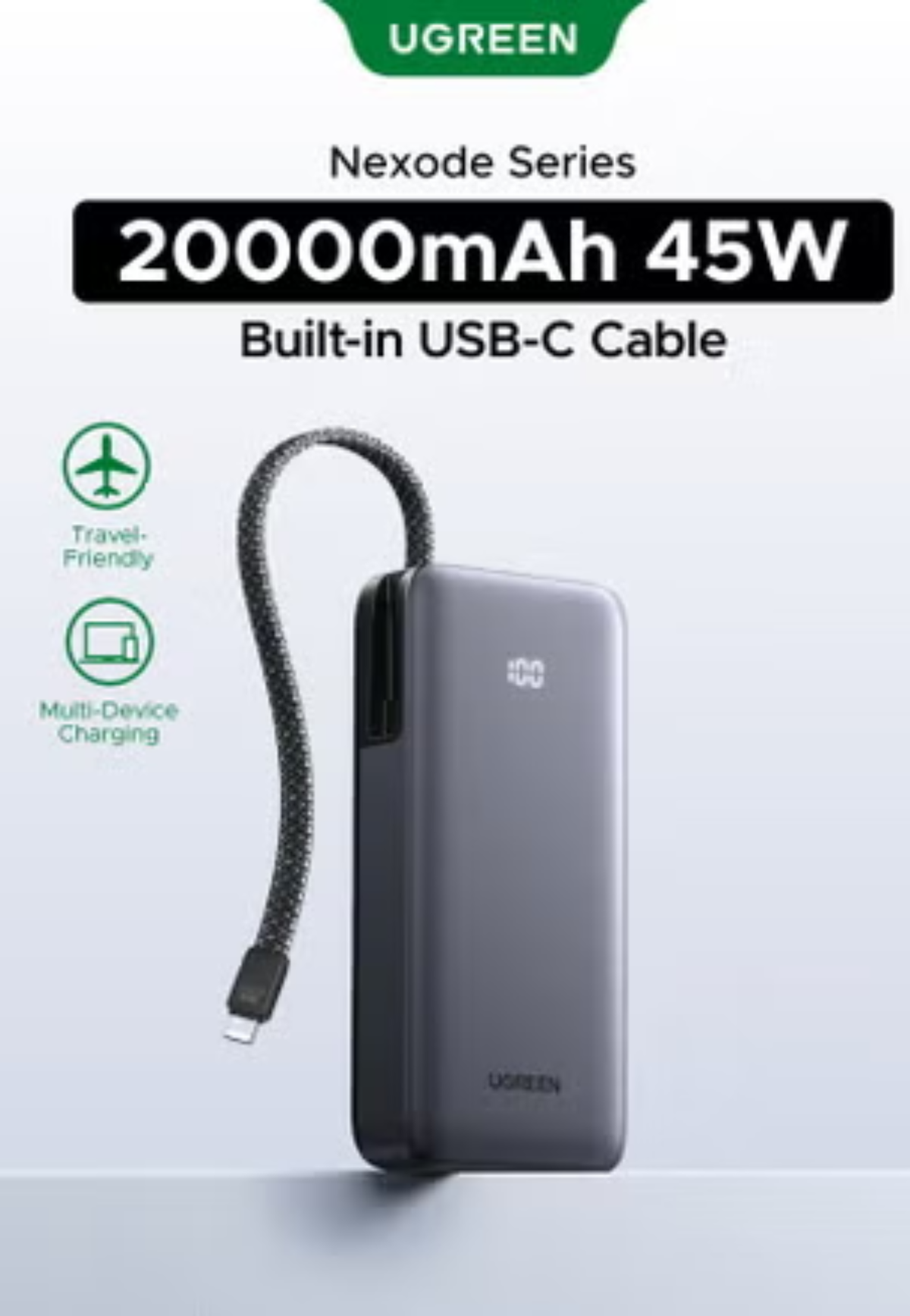 UGREEN 45W POWERBANK W/BUILT IN TYPE C CABLE 20000MAH GRAY