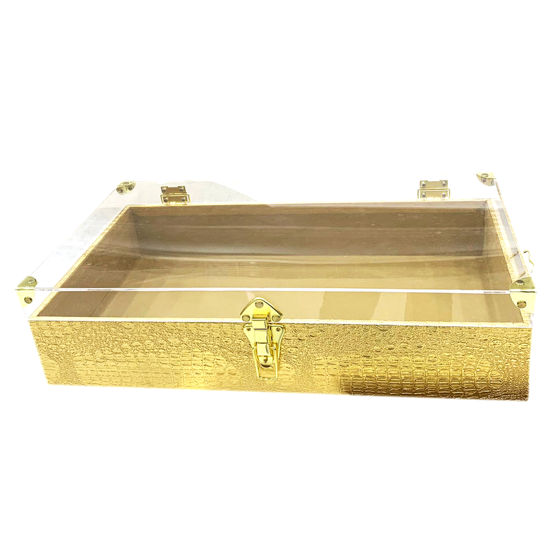 RECT WDN LEATHER GIFT BOX CROC BODY DESIGN W/GLASS LID GOLD FHA1601-1SMALL