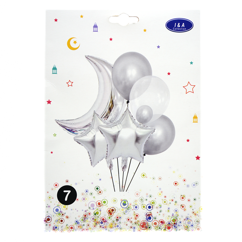 I&A COLLECTION 7PCS MOON & STAR FOIL BALLOONS BOUQUET-SILVER CLR