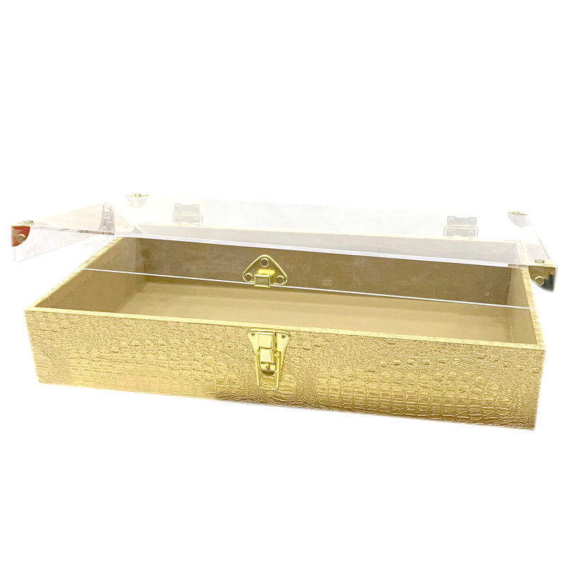 RECT WDN LEATHER GIFT BOX CROC BODY DESIGN W/GLASS LID GOLD FHA1601-1SMALL