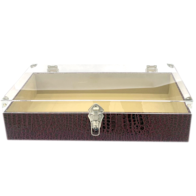 RECT WDN LEATHER GIFT BOX CROC BODY DESIGN W/GLASS LID MAROON FHA1604-1SMALL