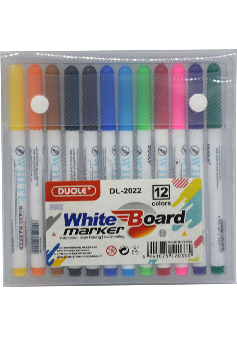 طقم اقلام سبورة رفيعة ملونة 12 لون DUOLE WHITE BOARD MARKER 12 COL IN PLASTIC CASE