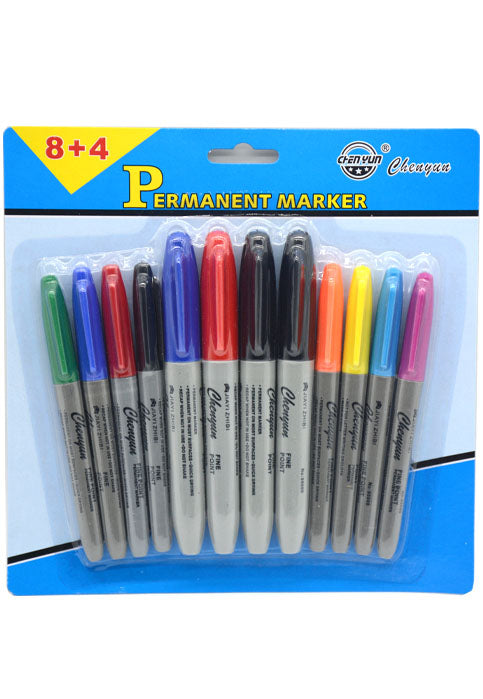 طقم اقلام فلوماستر 2 قياس 12 قلم CHENYUN 12PCS PERMANENT MARKER BOLD POINT 8+4