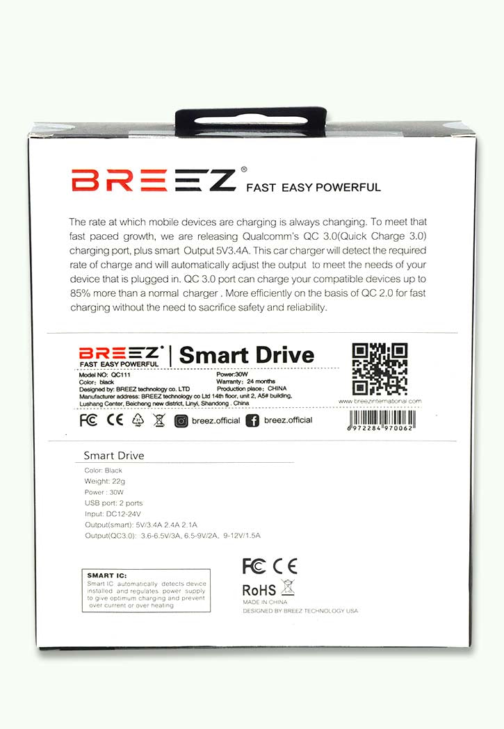 BREEZ - Smart Drive Car Charger QC 3.0 Black