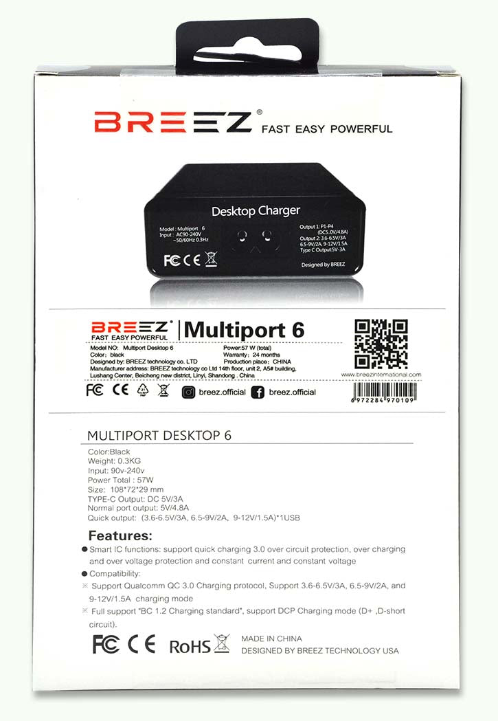 BREEZ - Multiport Desktop 6 Usb Charger (Black)
