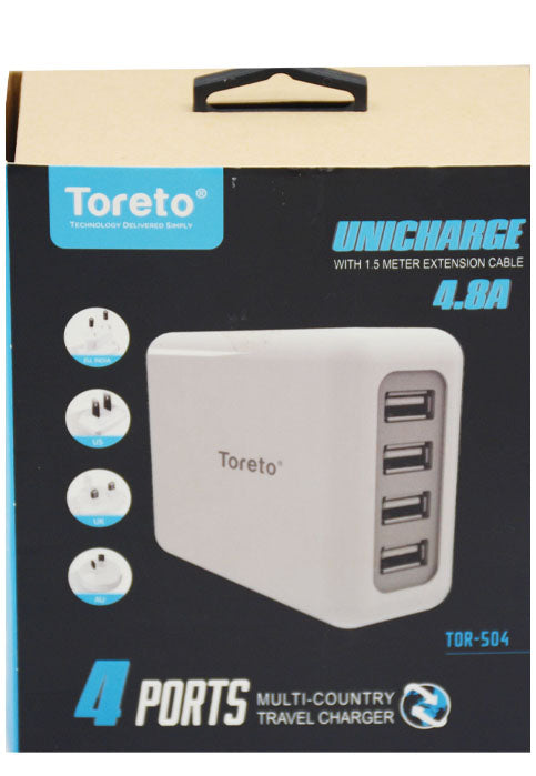 شاحن منزلي _4 منافذ - توريتو TORETO TRAVEL CHARGER MULTI 4 PORTS & 4 EXTENSIONS TOR-504