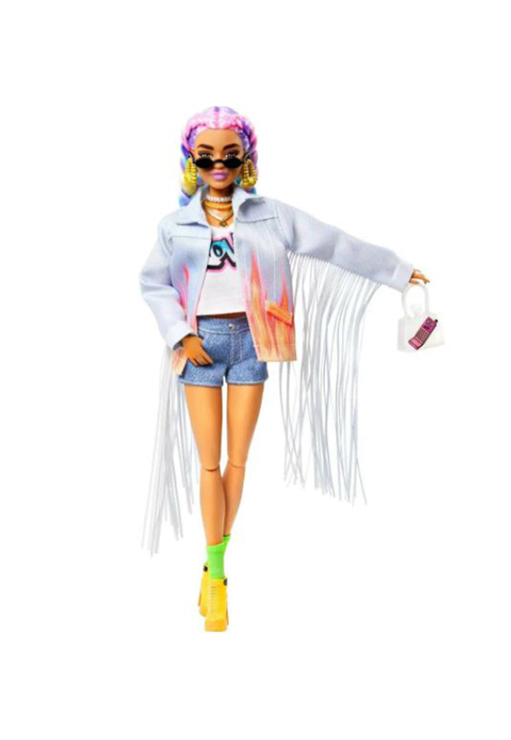 Barbie Extra in Long-Fringe Denim Jacket with Pet Puppy Doll