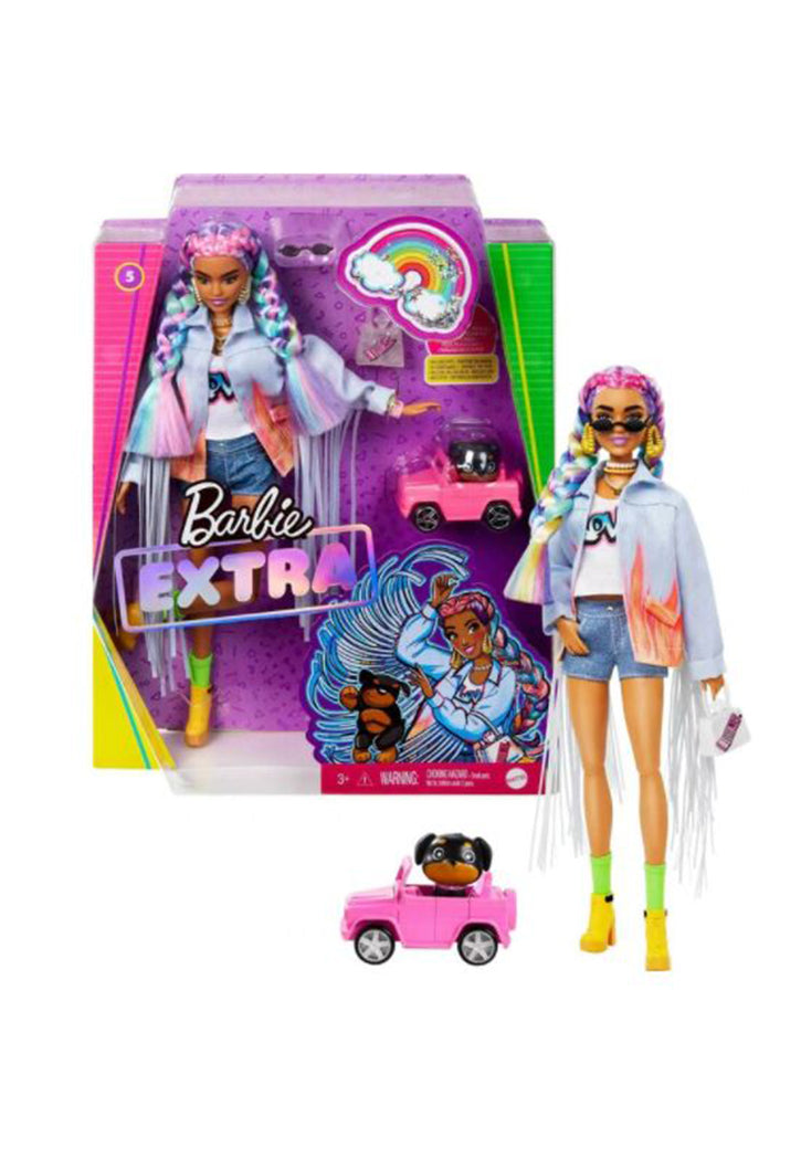 Barbie Extra in Long-Fringe Denim Jacket with Pet Puppy Doll