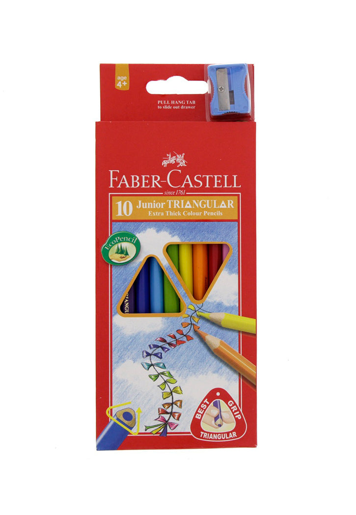 Faber Castell - 10 Junior Triangular Extra Thick Color Pencils With Sharpener