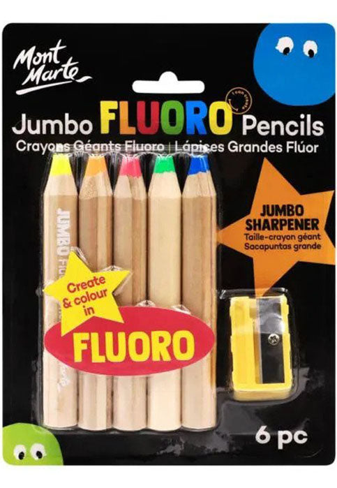 MONT MARTE JUMBO FLUORO PENCILS W/JUMBO SHARPENER 6PCS BLISTER