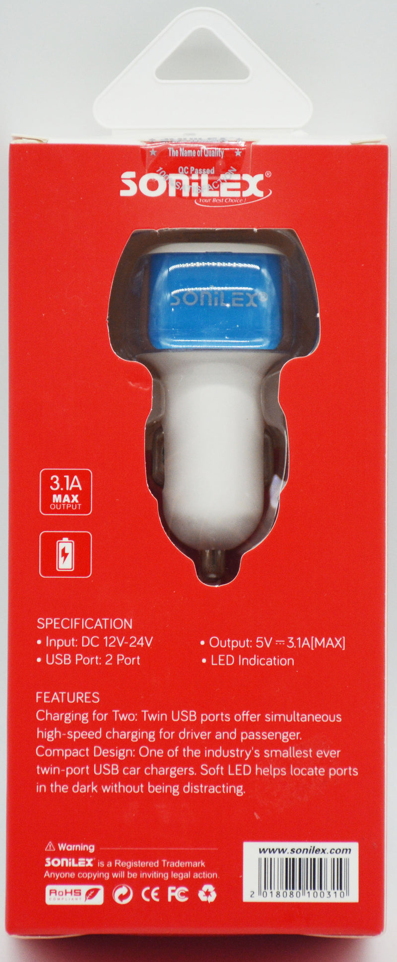 شاحن سيارة 2 مخرج - سونيليكس SONILEX DUAL USB PORT CAR CHARGER 3.1A SL-CC15