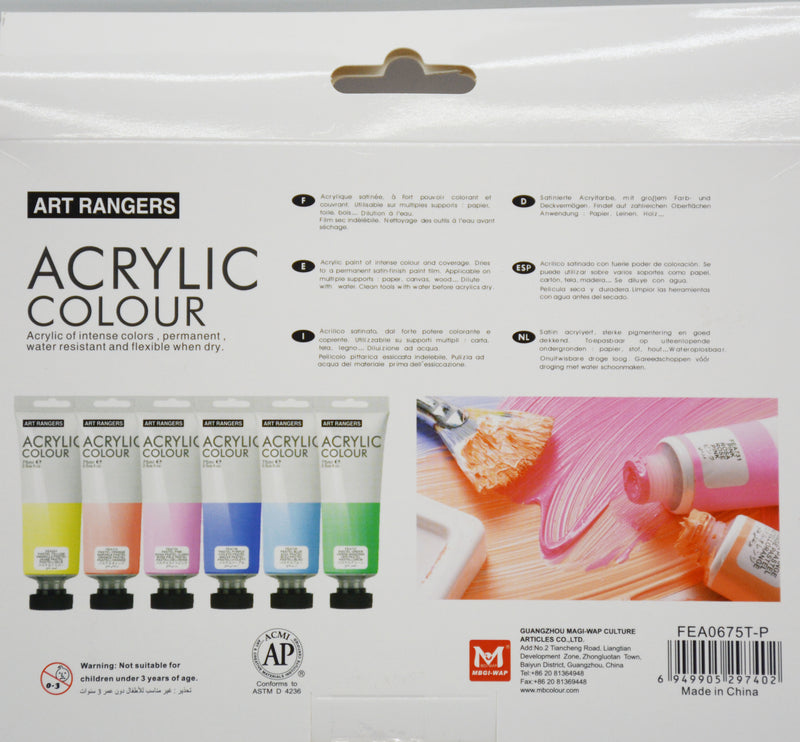 ART RANGER ACRYLIC COLOUR 6PIECE SET 6X75ML-PASTEL COLOR