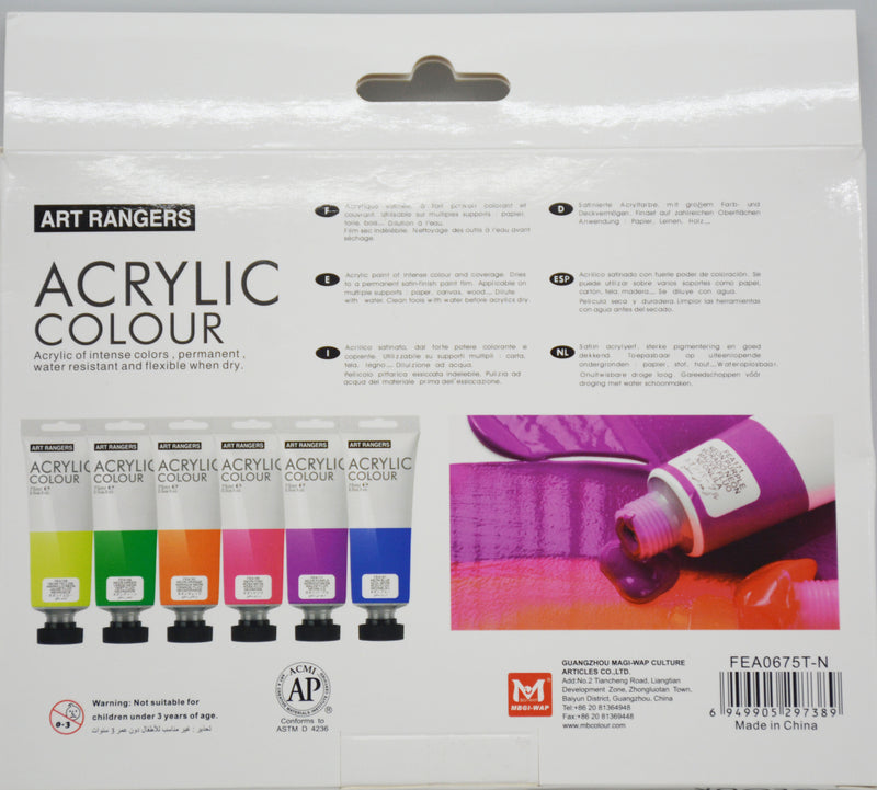 ART RANGER ACRYLIC COLOUR 6PIECE SET 6X75ML-NEON COLOR