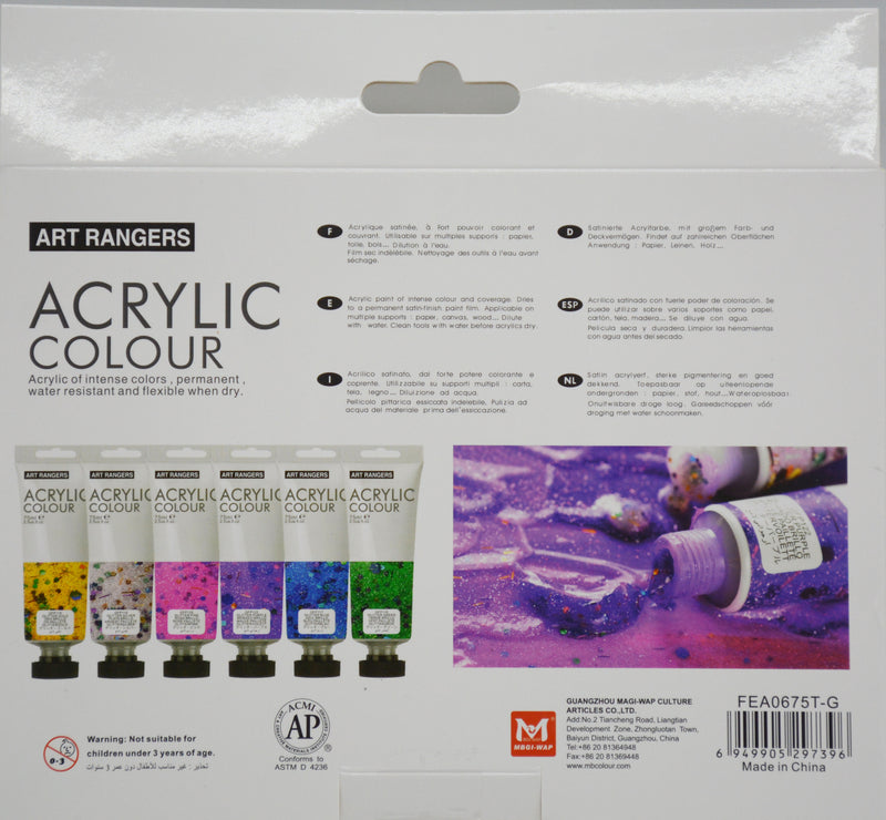 ART RANGER ACRYLIC COLOUR 6PIECE SET 6X75ML-GLITTER COLOR