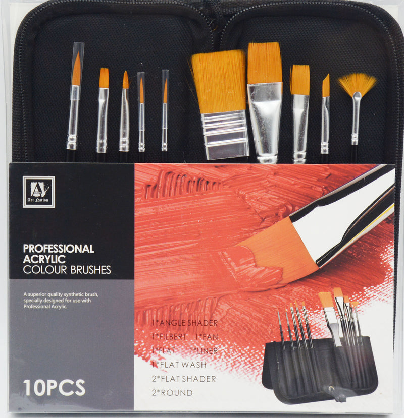 ART NATION PROFESSIONAL ACRYLIC COLOUR BRUSHES 10PCS PACK