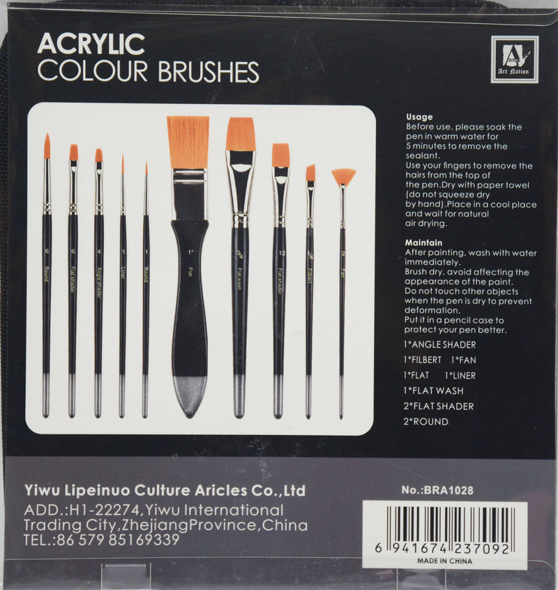 ART NATION PROFESSIONAL ACRYLIC COLOUR BRUSHES 10PCS PACK