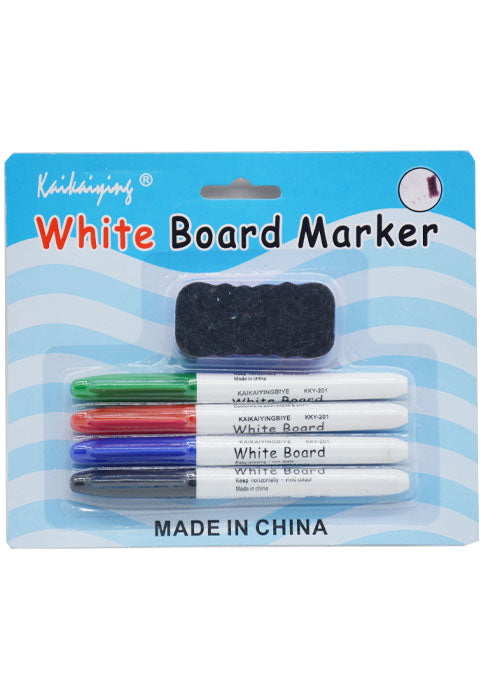 WHITE BOARD MARKER 4PCS W/MINI ERASER طقم اقلام سبورة ملونة 4 الوان - ممحاة صغيرة