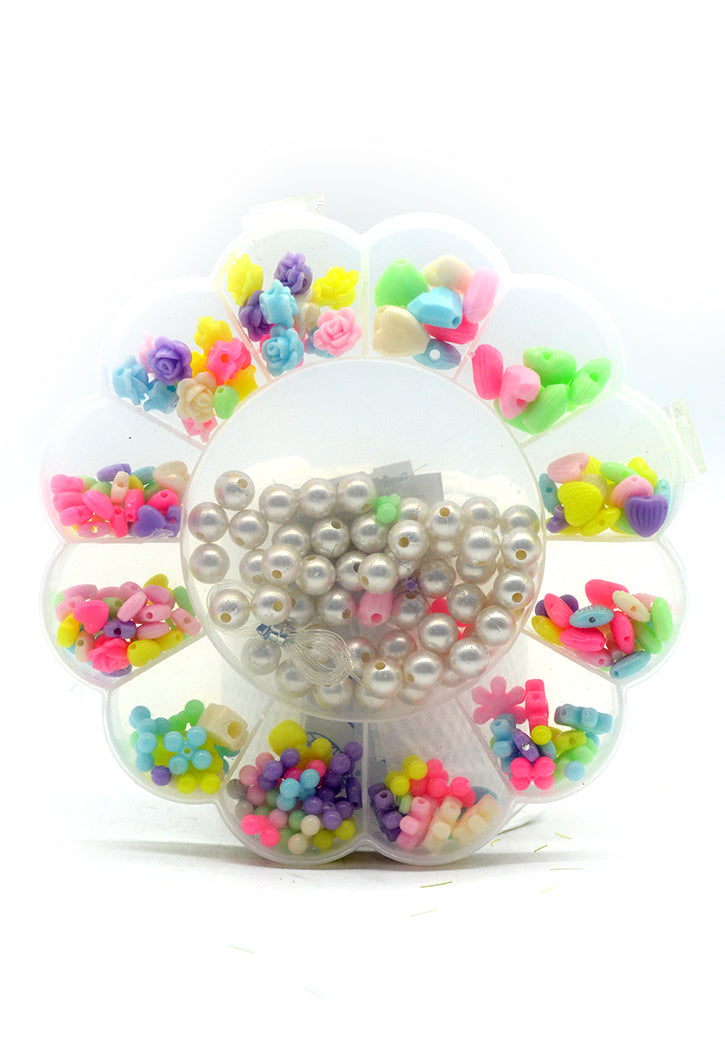 CRAFT ASST BEADS W/STRING IN FLOWER SHAPE PVC CASE