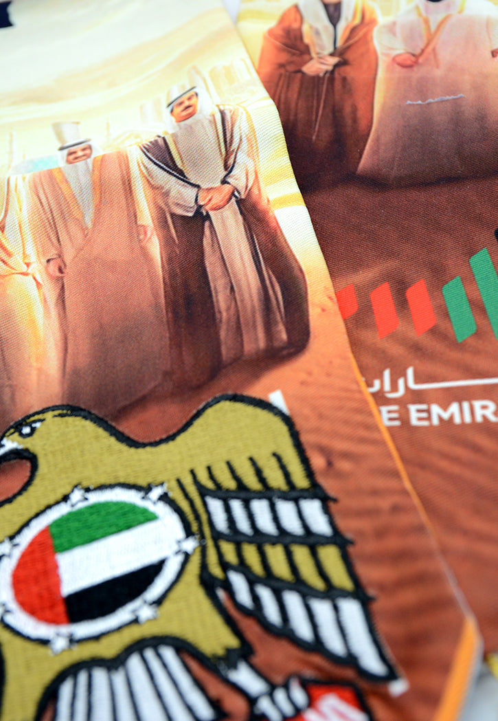 THE EMIRATES SATIN SCARF W/THE 7 SHEIKHS FULL BODY PICTURE