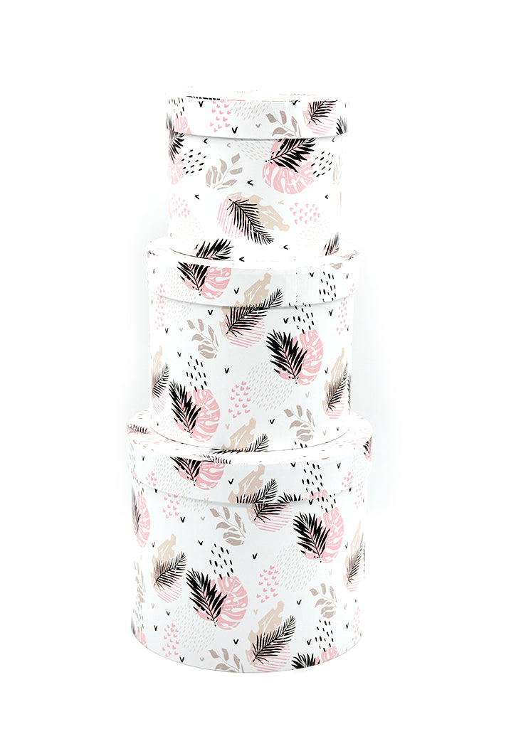 ROUND PAPER GIFT BOX W/LEAVES DESIGN LARGE-ASSTD