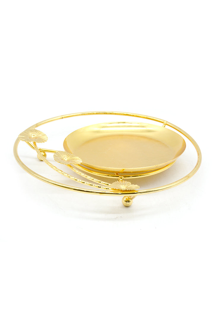 ROUND METAL TRAY W/1 PLATE 26X26CM GOLD