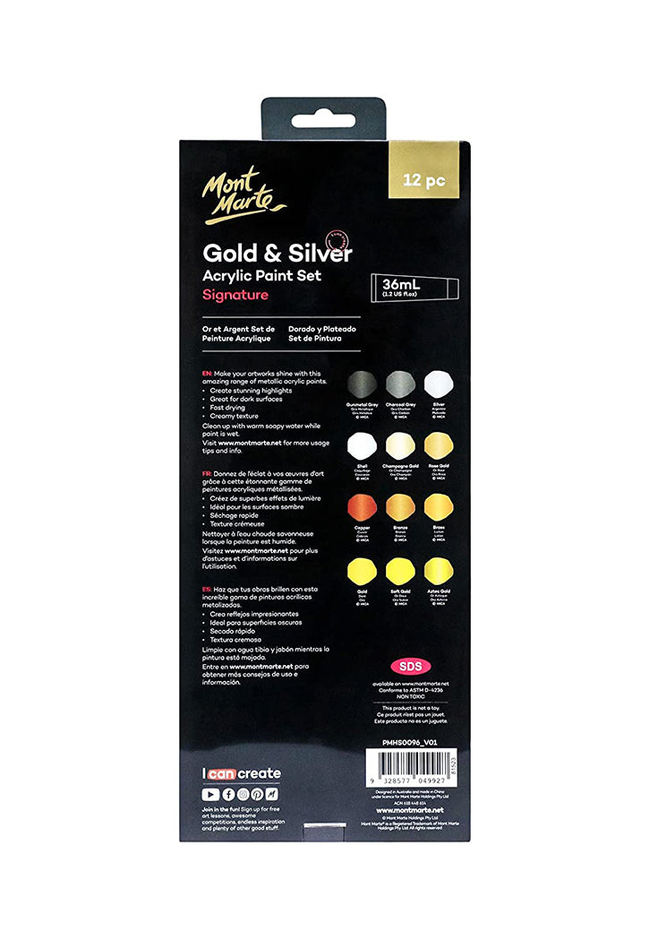 MONT MARTE SIGNATURE GOLD & SILVER ACRYLIC PAINT SET 12PCSX36ML