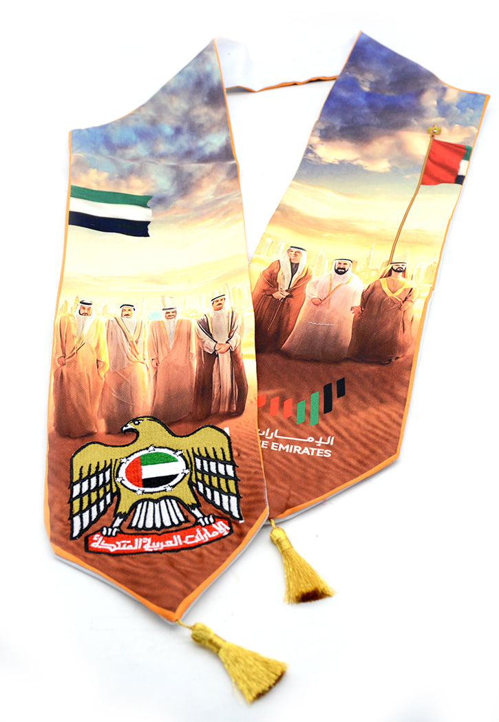THE EMIRATES SATIN SCARF W/THE 7 SHEIKHS FULL BODY PICTURE