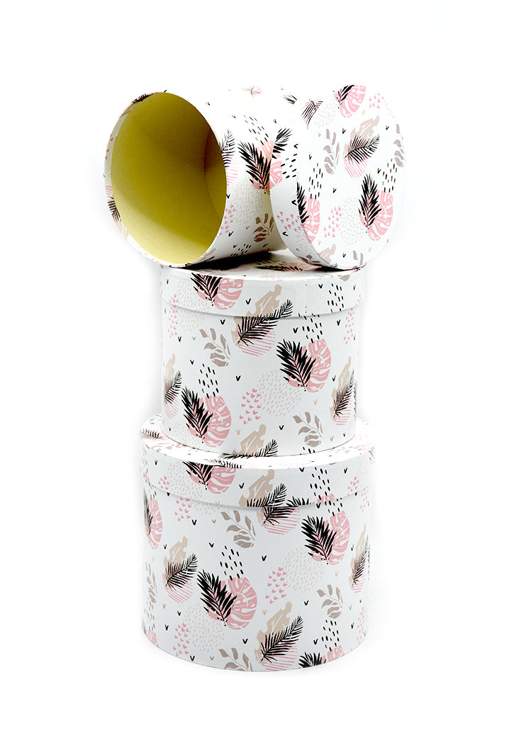 ROUND PAPER GIFT BOX W/LEAVES DESIGN LARGE-ASSTD